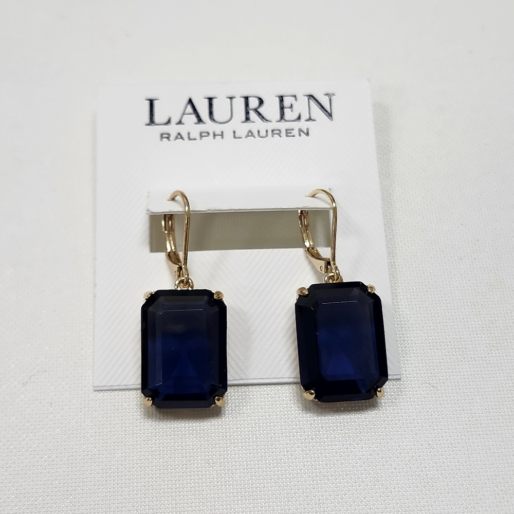 NWT Ralph Lauren Gold-Tone Dark Blue Rectangle Stone Drop Earrings